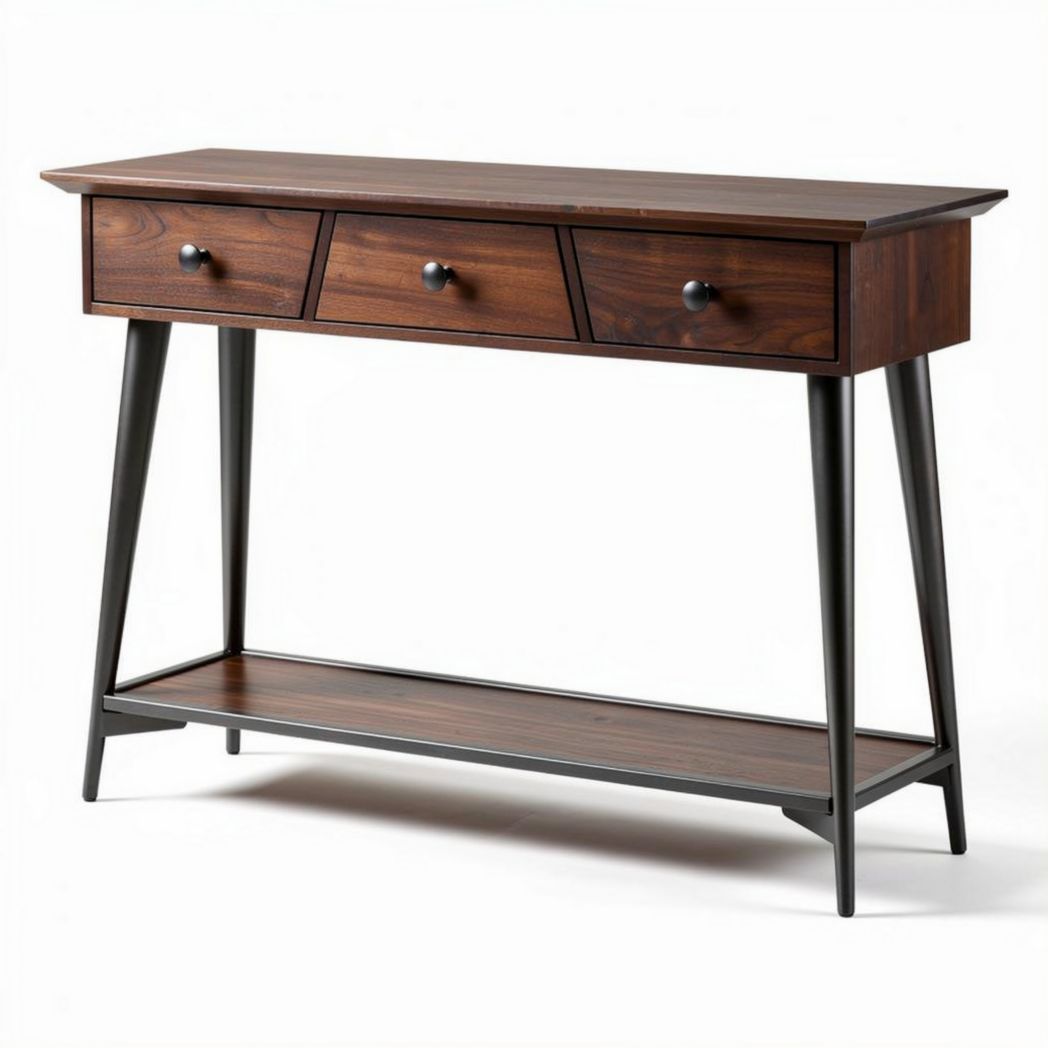 Console tafel van hout met 3 lades en metalen onderstel 100 x 30 x 75cm