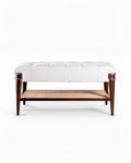 Bank met witte leren zitting en rotan onderstel 80 x 40 x 45cm