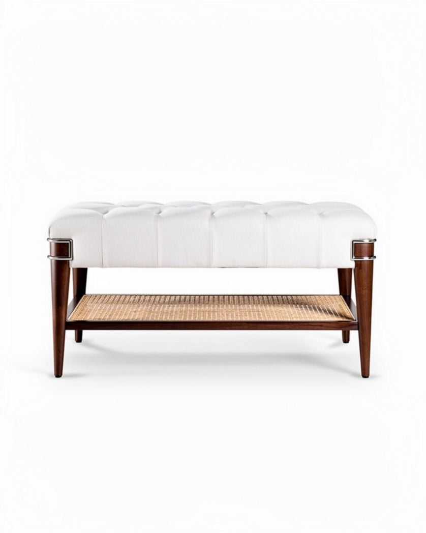 Bank met witte leren zitting en rotan onderstel 80 x 40 x 45cm