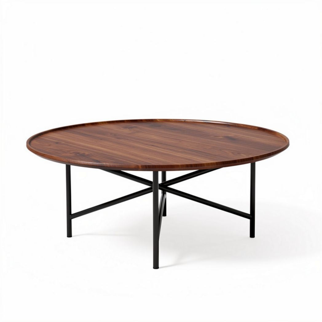Ronde salontafel van hout met metalen onderstel en afmetingen 100 x 100 x 40cm