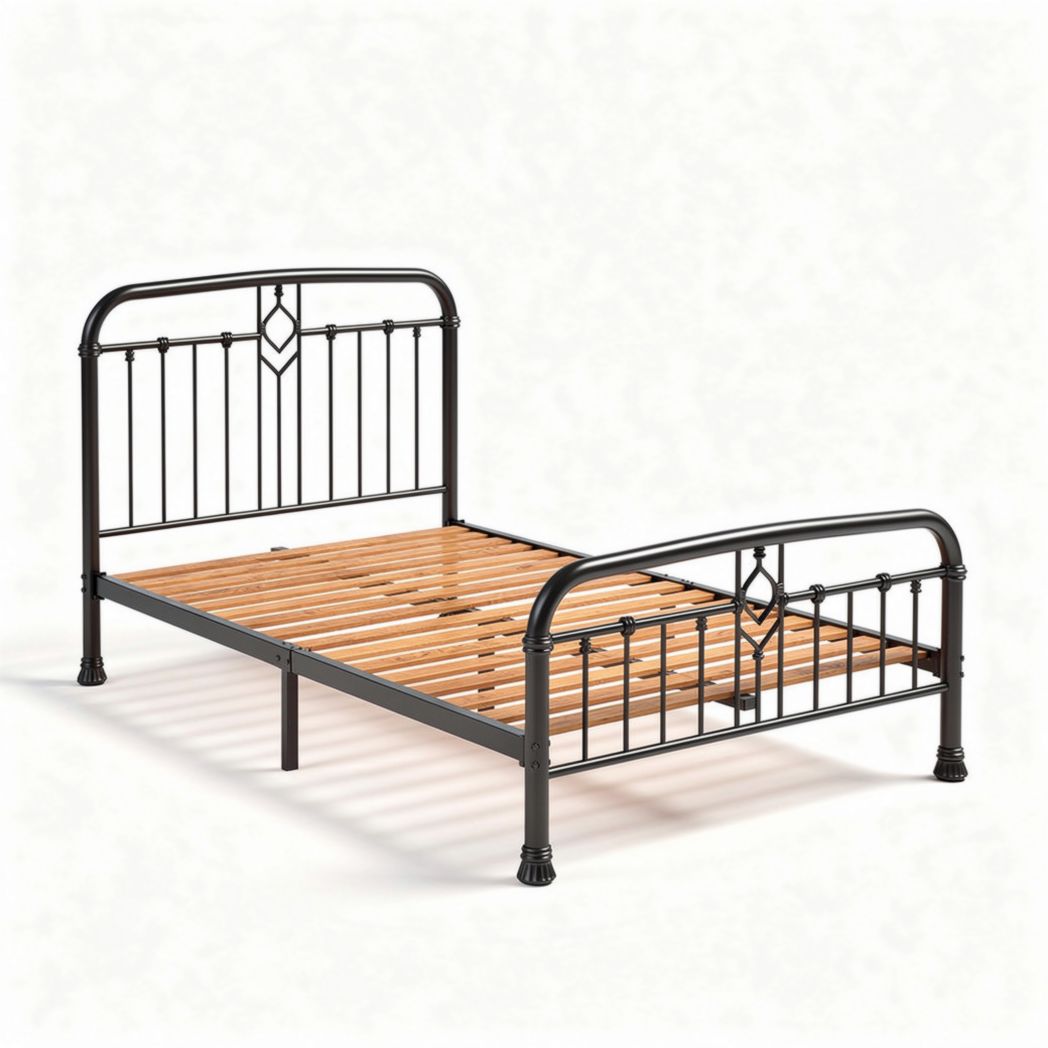 Mat zwart metalen bed met houten lattenbodem 190 x 90 cm